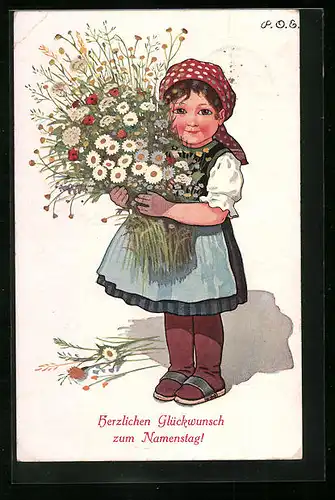 Künstler-AK P. O. Engelhard (P.O.E.): Kleines Mädchen mit grossem Blumenstrauss - Namenstagsgruss