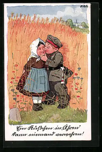Künstler-AK P. O. Engelhard (P.O.E.): Kleiner Soldat küsst Bauernmädel vor einem Weizenfeld