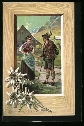 Künstler-AK E. Döcker: Wanderer verabschiedet sich von Mädchen, Edelweisszweige
