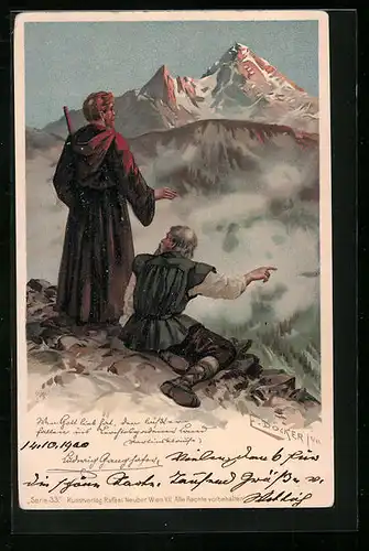 Künstler-AK E. Döcker: Mönch und Bergführer auf einem Berggipfel