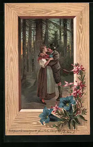 Künstler-AK E. Döcker: Jäger umarmt Geliebte am Waldesrand, Enzianblüten