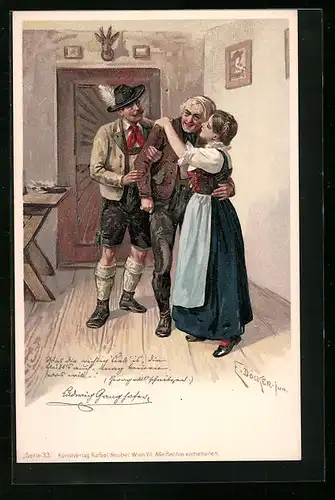 Künstler-AK E. Döcker: In der Stube mit dem Brautvater nach dem Ja zur Hochzeit