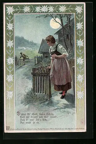 Künstler-AK E. Döcker: Nach dem Abschied bei Vollmond, Liebesgedicht