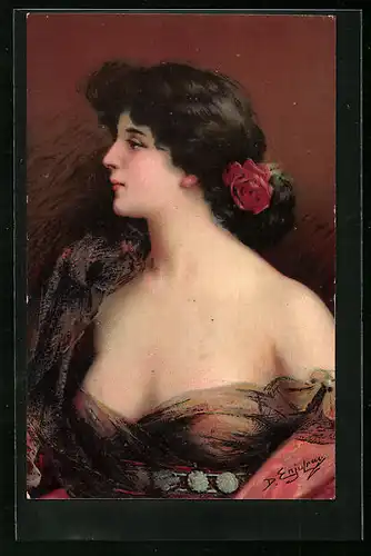 Künstler-AK Delphin Enjolras: Junge Frau mit Rose im Haar