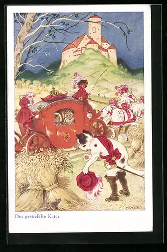 Künstler-AK Fritz Baumgarten: Der gestiefelte Kater vor royaler Kutsche und Schloss