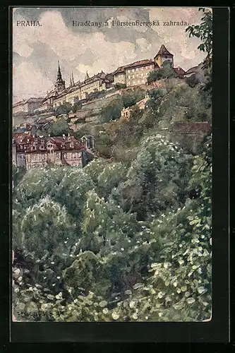 Künstler-AK Ferdinand Engelmüller: Prag, Ansicht der Burg mit Bäumen