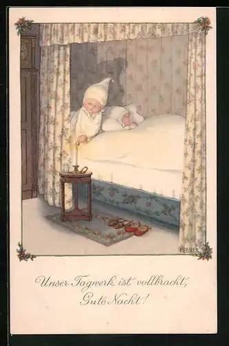 Künstler-AK Pauli Ebner: Kinder mit Schlafmützen im Bett