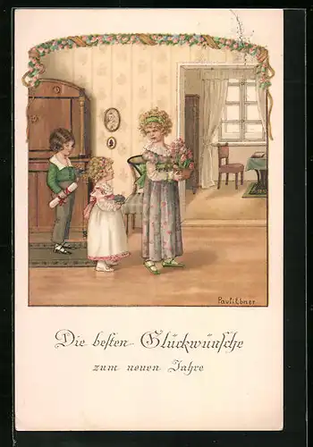 Künstler-AK Pauli Ebner: Kinder mit Blumen und Geschenken überbringen Neujahrsgrüsse
