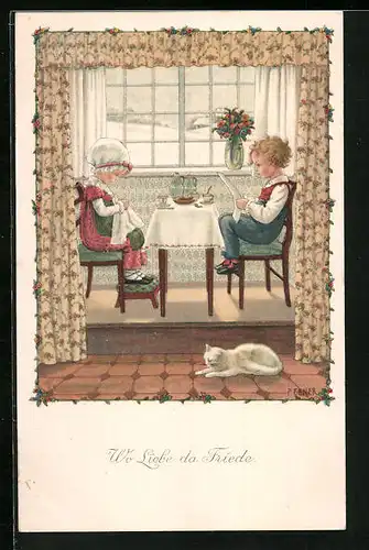 Künstler-AK Pauli Ebner: Kinder sitzen am gedeckten Kaffeetisch