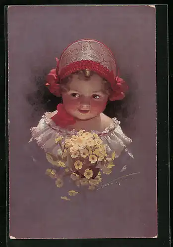 Künstler-AK Ludwig Knoefel: Junges Mädchen mit roter Haube und Blumenstrauss
