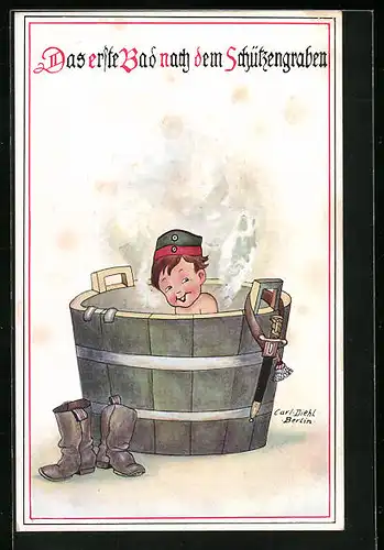 Künstler-AK Carl Diehl: Kleiner Soldat nimmt ein Bad in einem hölzernen Waschzuber