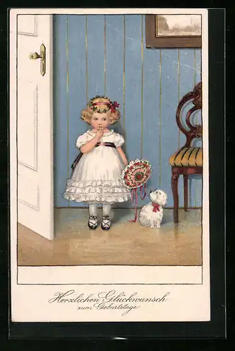 Künstler-AK Lia Döring: Junges Mädchen mit Blumenstrauss und Hund