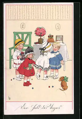 Künstler-AK Lia Döring: Kinder mit Geschenken und gedecktem Tisch mit Kuchen