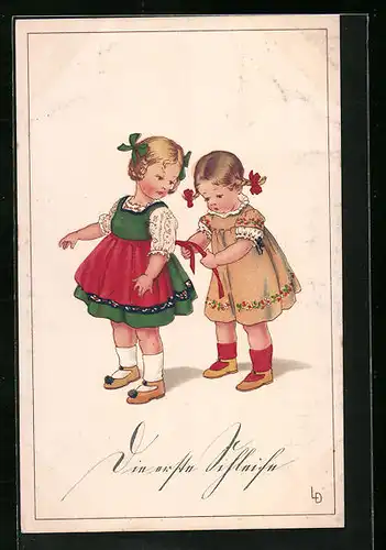 Künstler-AK Lia Döring: Mädchen bindet anderem Mädchen das Kleid