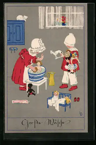 Künstler-AK Lia Döring: Kinder baden ihr Spielzeug