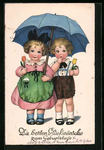 Künstler-AK Lia Döring: Kinder mit Tulpen unter einem Regenschirm