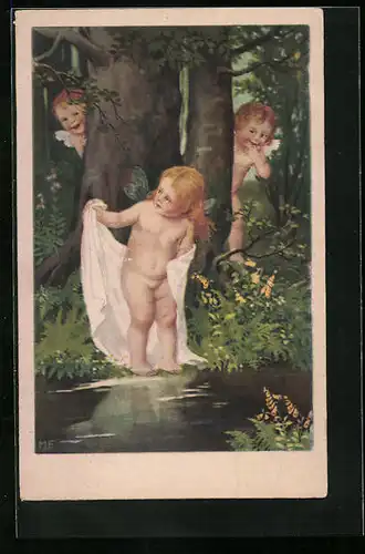 Künstler-AK Marie Flatscher (M.FL.): Voyeuristische Engelchen und nacktes Elfchen im Bade