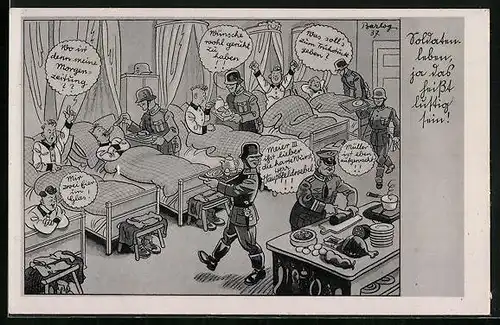 Künstler-AK Ferdinand Barlog: Soldaten frühstücken im Schlafsaal der Kaserne