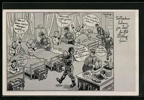 Künstler-AK Ferdinand Barlog: Soldaten frühstücken gemütlich im Schlafsaal der Kaserne