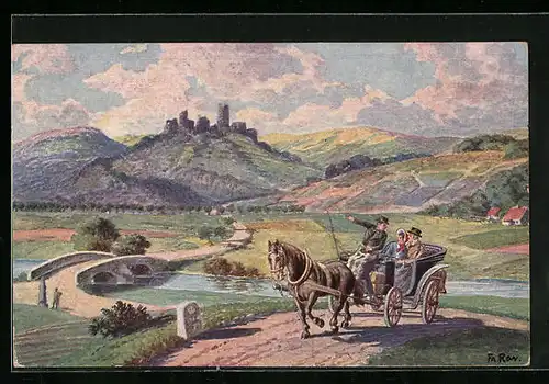 Künstler-AK sign. Fr. Rowland: Auf der Hochzeitsreise, Paar in Kutsche