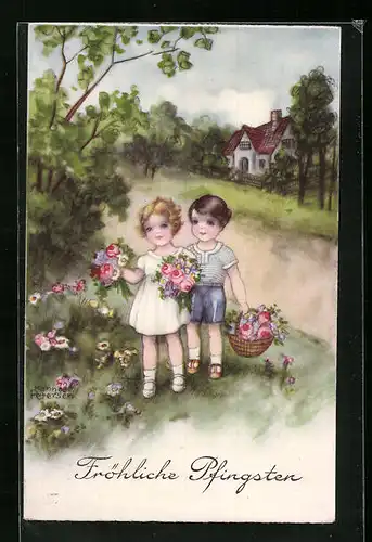 Künstler-AK Hannes Petersen: Kinder beim Blumenpflücken an Pfingsten