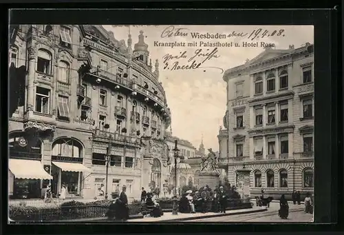 AK Wiesbaden, Kranzplatz mit Palasthotel und Hotel Rose