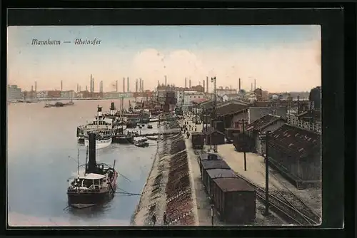 AK Mannheim, Rheinufer mit Dampfern