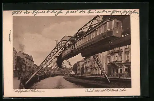 AK Wuppertal-Barmen, Blick von der Wertherbrücke mit Schwebebahn