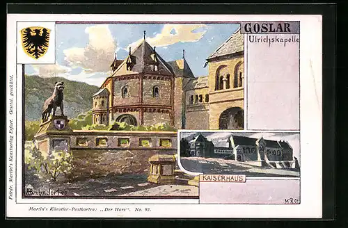 Künstler-AK H. Bahndorf: Goslar, Ulrichskapelle mit Kaiserhaus und Wappen