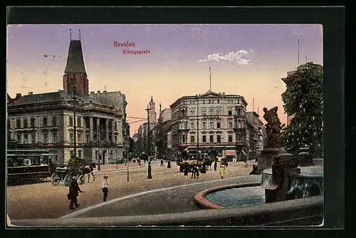 AK Breslau, Königsplatz mit Brunnen in Abendstimmung