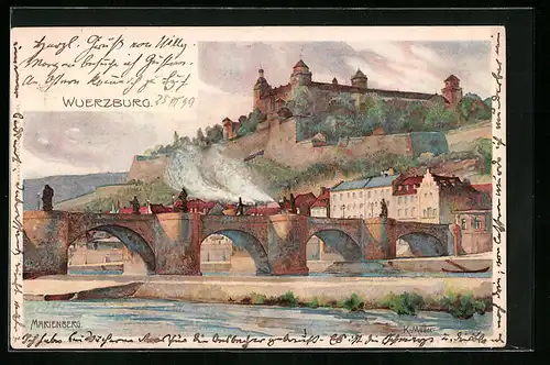 Künstler-AK Karl Mutter: Würzburg, Marienberg mit Brücke