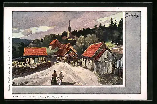 Künstler-AK H. Bahndorf: Schierke, Ortsansicht mit Strassenpartie