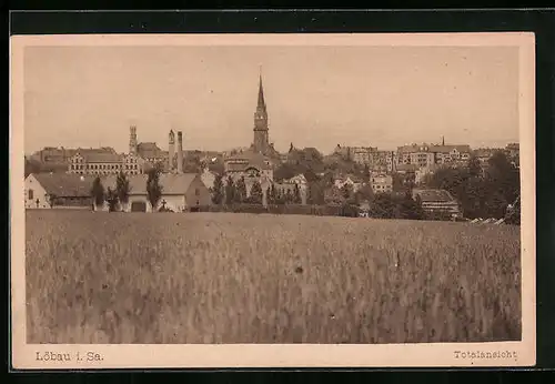 AK Löbau i. S., Teilansicht des Ortes hinterm Kornfeld