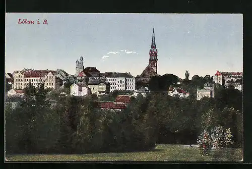 AK Löbau i. S., Ortspartie mit Kirchturm