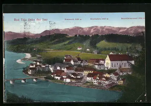 AK Bad Tölz, Ortspartie links der Isar, Brauneck, Kirchstein