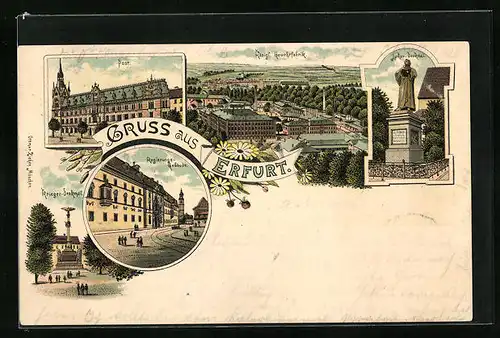 Lithographie Erfurt, Königliche Gewehrfabrik, Regierungs-Gebäude, Krieger-Denkmal
