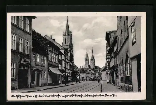 AK Mühlhausen i. Th., Nikolaikirche und Jacobikirche in der Wanfriederstrasse mit Geschäften