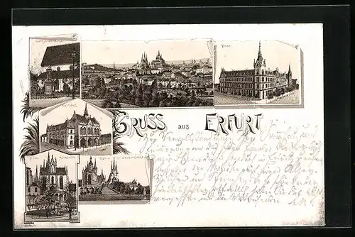Lithographie Erfurt, Dom u. St. Severikirche, Dom Rückseite, Rathaus