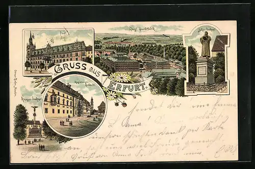 Lithographie Erfurt, Königliche Gewehrfabrik, Regierungs-Gebäude, Krieger-Denkmal