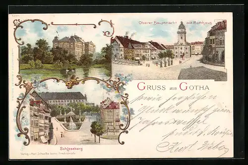 Lithographie Gotha, Oberer Hauptmarkt mit Rathaus, Schlossberg, Gebäudeansicht