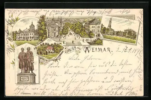Lithographie Weimar, Göthes Gartenhaus, Schloss, Göthe-Schiller Denkmal