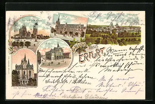 Lithographie Erfurt, Dom u. St. Severikirche, Dom Rückseite, Rathaus