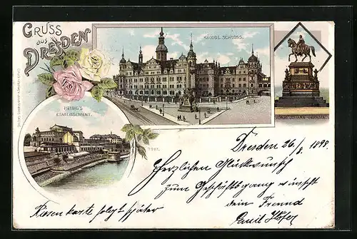 Lithographie Dresden, Helbig`s Gasthaus, Königliches Schloss, König Johann-Denkmal