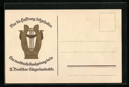 Künstler-AK Hannover, IX. Deutsches Sängerbundesfest - Liedtext Nur die Hoffnung... mit Noten, Harfe