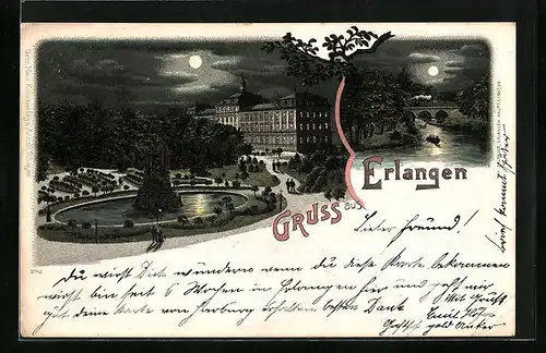 Lithographie Erlangen, Parkpartie und Bootspartie bei Vollmond