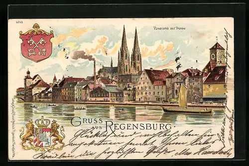 Lithographie Regensburg, Panorama mit Donau, Stadtwappen, bayr. Wappen