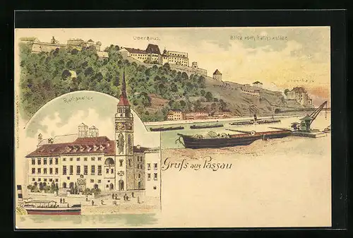 Künstler-AK Passau, Gasthaus Rathskeller, Blick vom Rathskeller