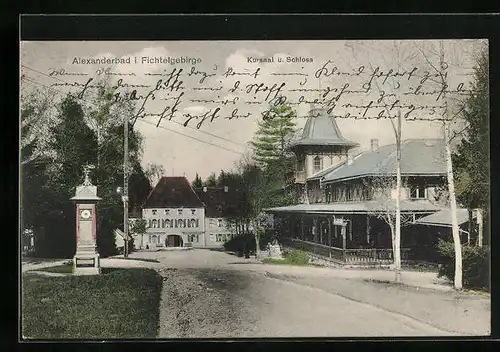 AK Alexanderbad /Fichtelgeb., Kursaal und Schloss, Wettersäule