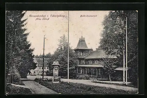 AK Alexanderbad /Fichtelgeb., Altes Schloss, Bade-Restaurant, Wettersäule