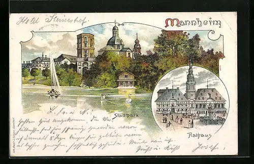Lithographie Mannheim, Stadtpark und Rathaus